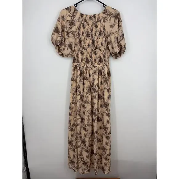 Polagram/Pink Blush Cream Floral Smocked Lined Midi Dress Size Medium - Picture 7 of 7